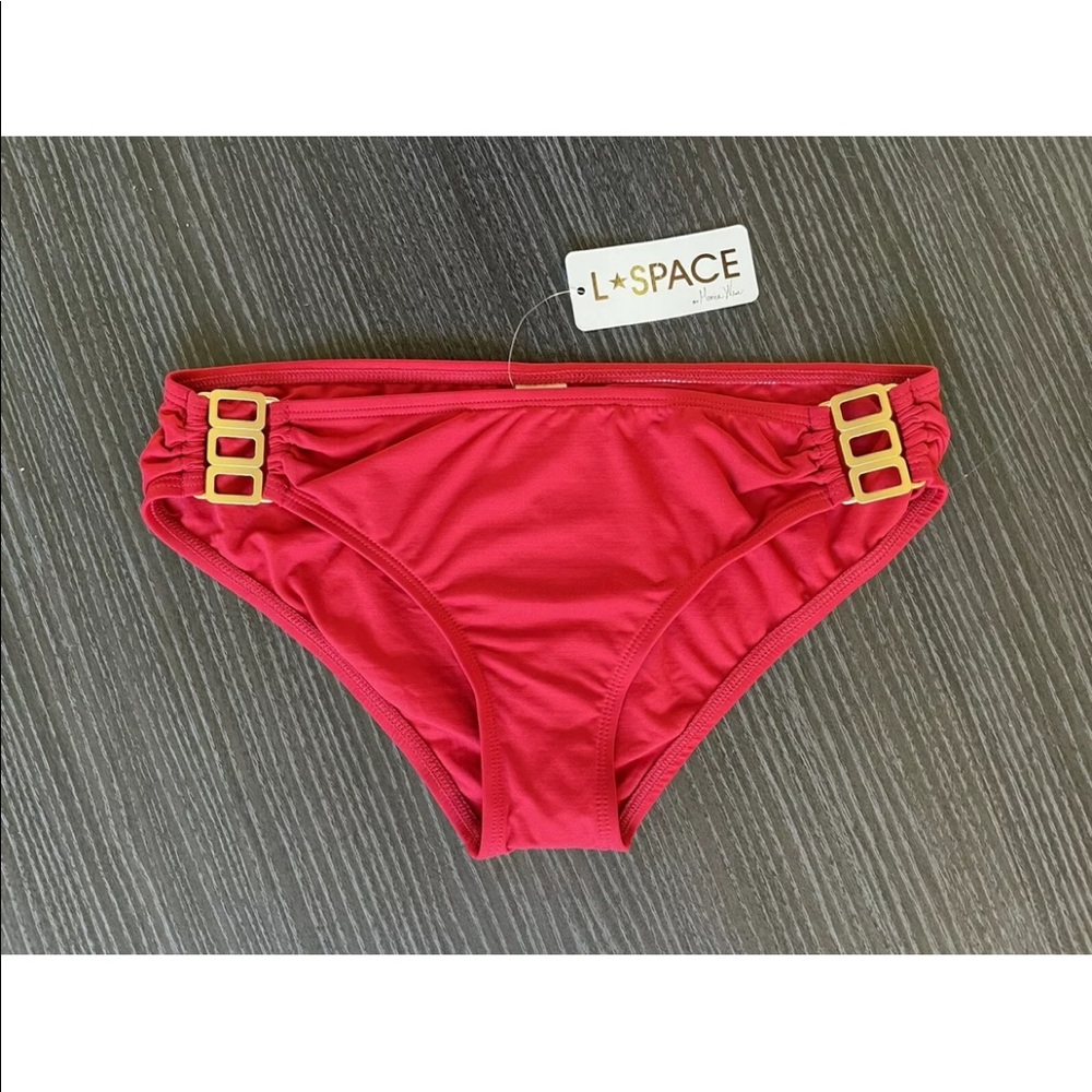 L*Space By Monica Wise Red 🍒 Swimsuit Bikini Bottoms Gold Hardware Medium